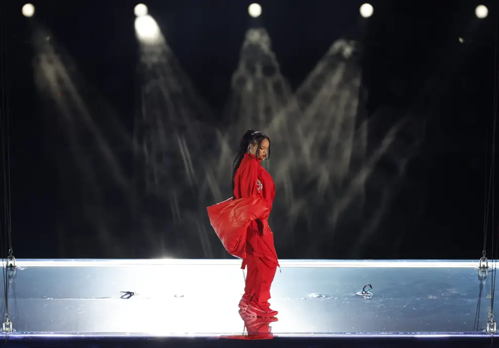 Feb 12, 2023; Glendale, Arizona, US; General view as recording artist Rihanna performs during the halftime show of Super Bowl LVII between the Kansas City Chiefs and the Philadelphia Eagles at State Farm Stadium. Mandatory Credit: Bill Streicher-USA TODAY Sports FOOTBALL-NFL/