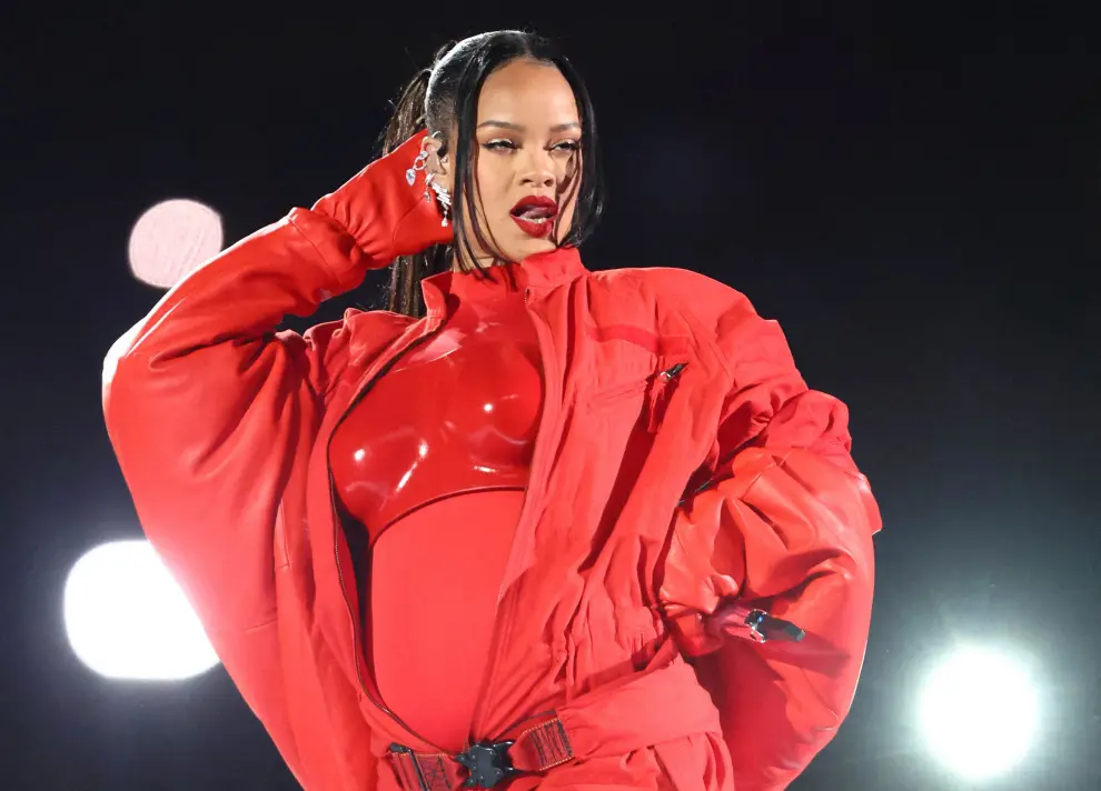Feb 12, 2023; Glendale, Arizona, US; Recordist artist Rihanna performs during the halftime show of Super Bowl LVII at State Farm Stadium. Mandatory Credit: Mark J. Rebilas-USA TODAY Sports FOOTBALL-NFL/