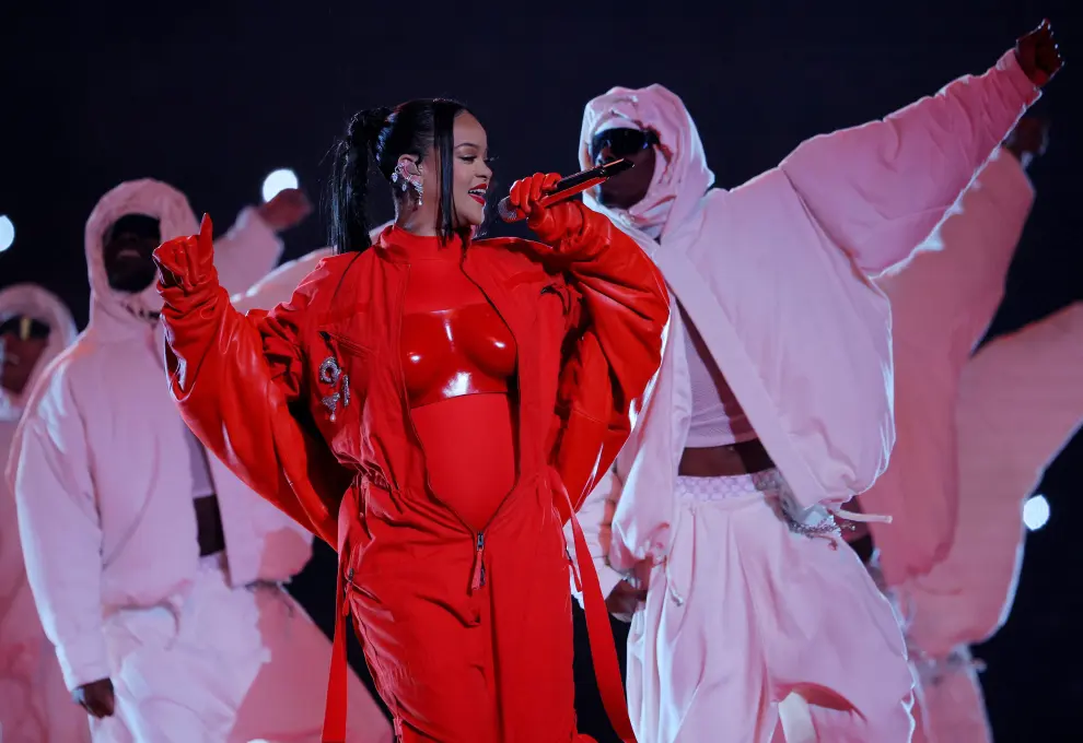 Feb 12, 2023; Glendale, Arizona, US; Recording artist Rihanna performs during the halftime show of Super Bowl LVII at State Farm Stadium. Mandatory Credit: Mark J. Rebilas-USA TODAY Sports     TPX IMAGES OF THE DAY FOOTBALL-NFL/