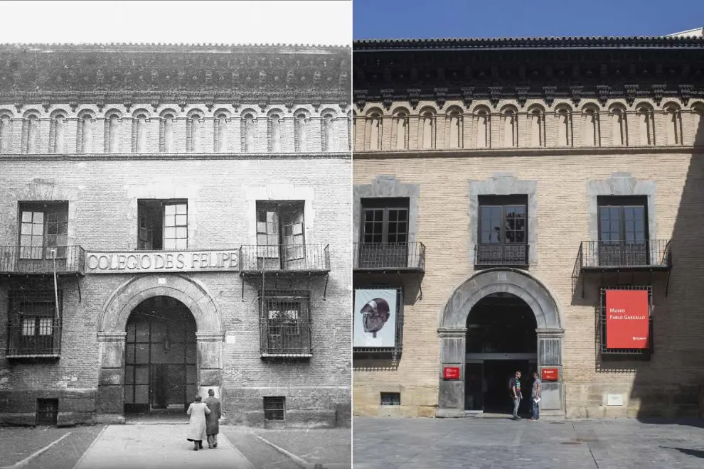 A la izquierda, fachada del colegio de San Felipe en la década de 1950, instalado en el Palacio de Argillo de la plaza de San Felipe de zaragoza, actual museo de Pablo Gargallo.