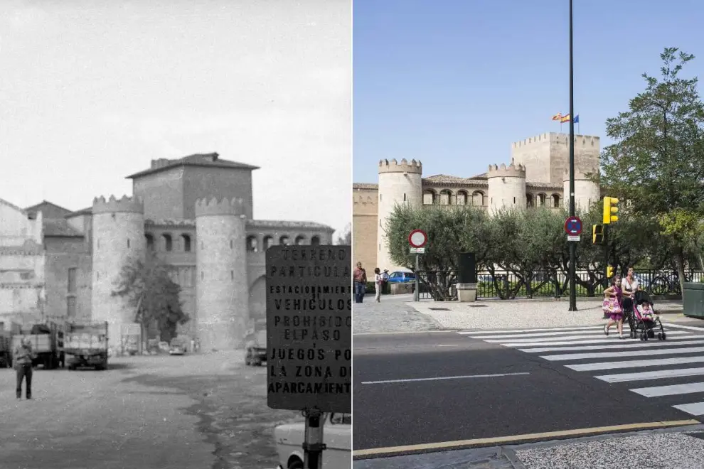 A la izquierda, aparcamiento de coches junto al Palacio de la Aljafería en los 70.