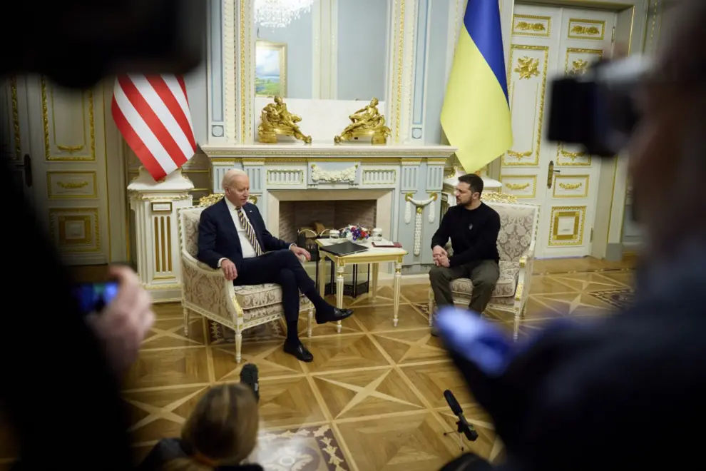 February 20, 2023, Ukraine, Ukraine, Ukraine: US President Joe Biden meets with Ukrainian President Volodymyr Zelensky in Kyiv, Ukraine on February 20, 2023. US President Joe Biden made a surprise trip to Kyiv ahead of the first anniversary of Russias invasion of Ukraine,Image: 757335619, License: Rights-managed, Restrictions: , Model Release: no, Credit line: President Of Ukraine / Zuma Press / ContactoPhoto.Editorial licence valid only for Spain and 3 MONTHS from the date of the image, then delete it from your archive. For non-editorial and non-licensed use, please contact EUROPA PRESS...20/02/2023[[[EP]]]