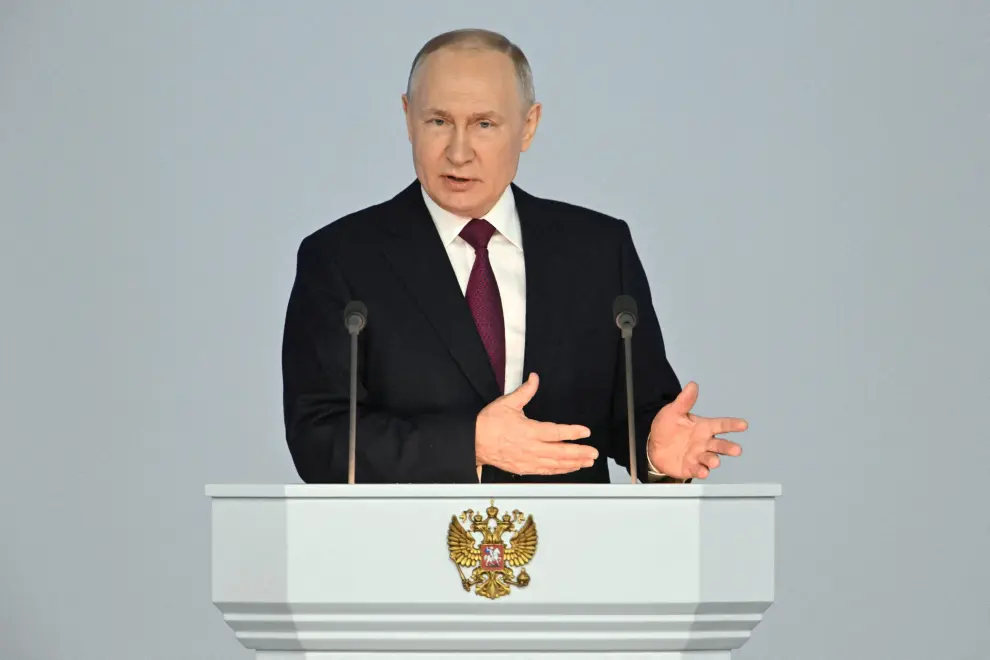 Russian President Vladimir Putin delivers his annual address to the Federal Assembly in Moscow, Russia February 21, 2023. Sputnik/Dmitry Astakhov/Kremlin via REUTERS ATTENTION EDITORS - THIS IMAGE WAS PROVIDED BY A THIRD PARTY. UKRAINE-CRISIS/NUCLEAR-PUTIN
