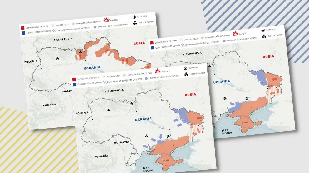 Mapas de la evolución del frente en Ucrania.