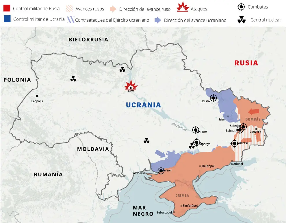 Ucrania reconquista Jersón en la primera quincena de noviembre, expulsando la ocupación rusa al otro lado del río Dniéper.
A principios de 2023 los combates se concentran en la región de Donetsk, donde se intensifican las luchas en Bajmut y Rusia anuncia la toma de Soledar.