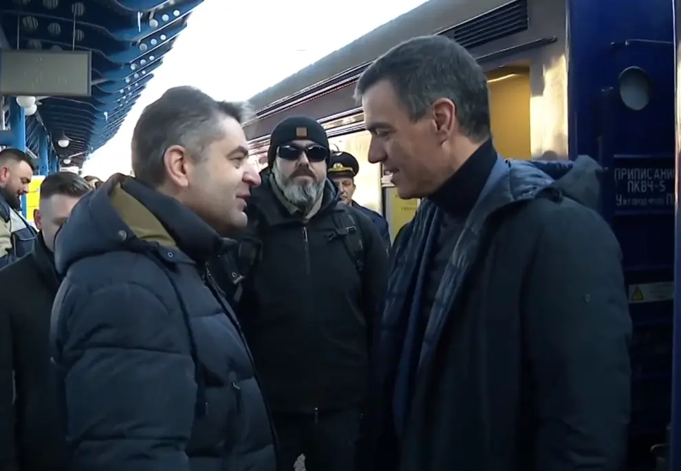 Pedro Sánchez a su llegada a Kiev en tren esta mañana.