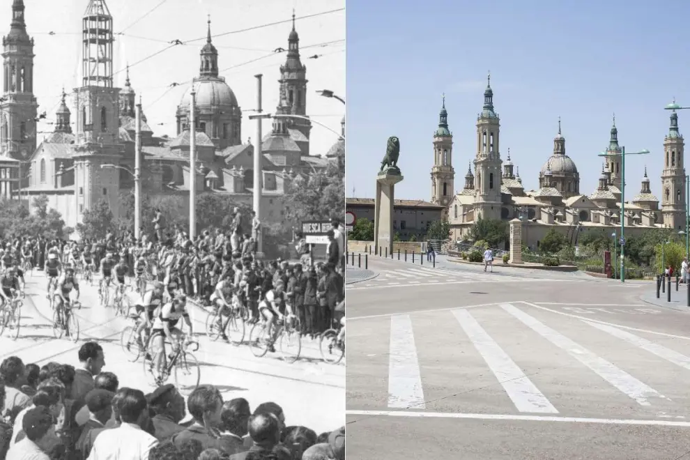 Arriba, paso de la Vuelta Ciclista a España por Zaragoza en la década de 1950. 1935.