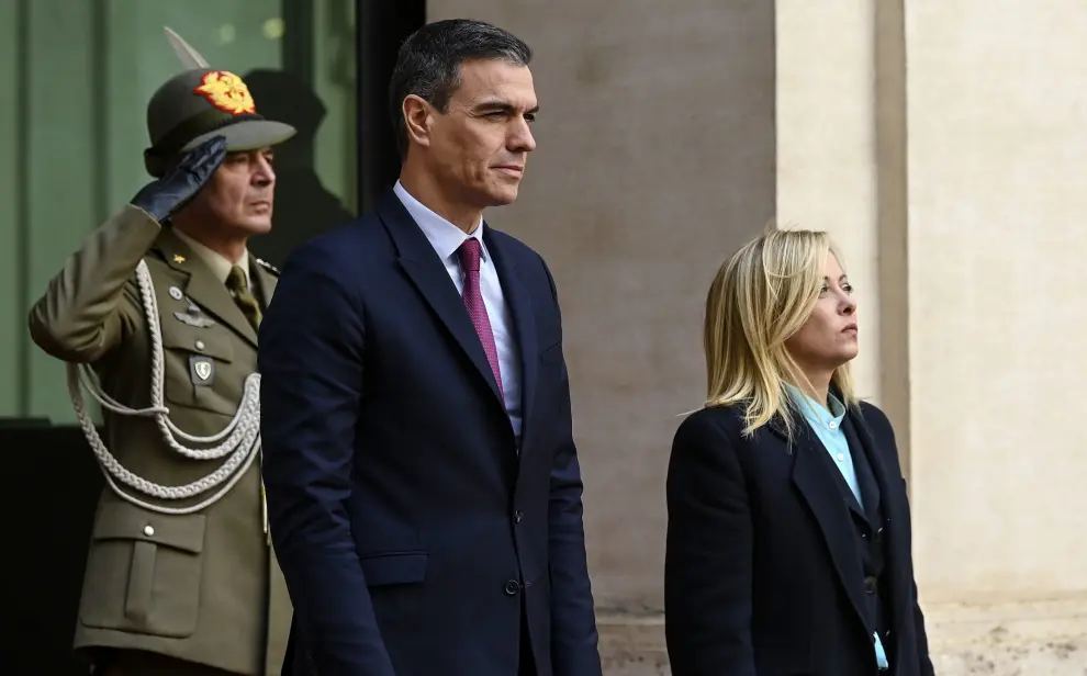 Spanish Prime Minister Pedro Sanchez looks on during a news conference after his meeting with Italian Prime Minister Giorgia Meloni at Palazzo Chigi, in Rome, Italy, April 5, 2023. REUTERS/Remo Casilli ITALY-SPAIN/