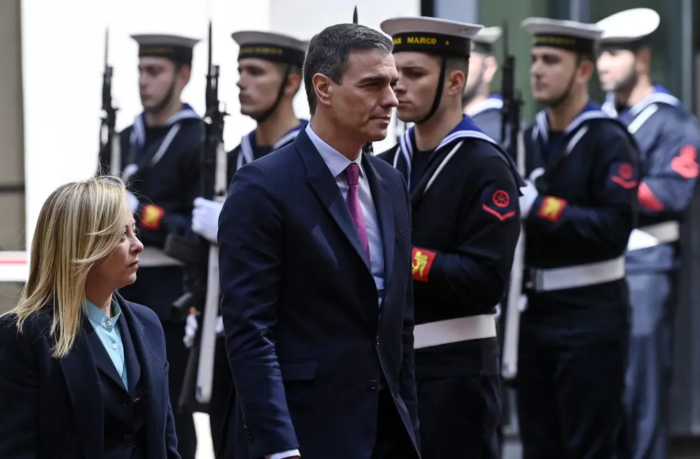 Spanish Prime Minister Pedro Sanchez looks on during a news conference after his meeting with Italian Prime Minister Giorgia Meloni at Palazzo Chigi, in Rome, Italy, April 5, 2023. REUTERS/Remo Casilli ITALY-SPAIN/