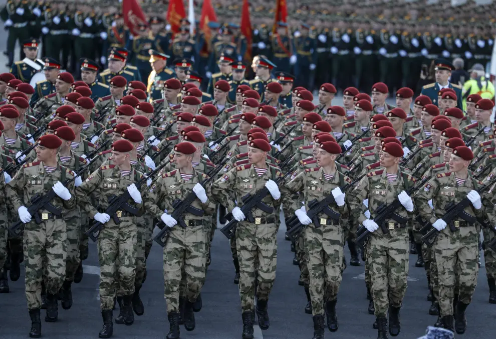 Russian service members march in columns before a military parade on Victory Day, which marks the 78th anniversary of the victory over Nazi Germany in World War Two, in Moscow, Russia May 9, 2023. REUTERS/Maxim Shemetov WW2-ANNIVERSARY/RUSSIA-PARADE