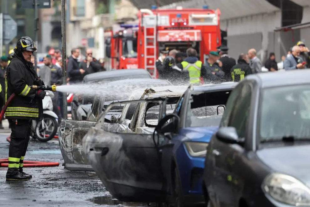 Firefighters work at the site of an explosion in the centre of Milan, Italy, May 11, 2023. REUTERS/Claudia Greco ITALY-EXPLOSION/