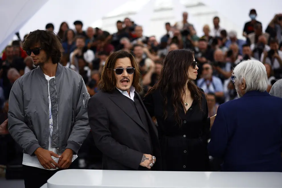 The 76th Cannes Film Festival - Photocall for the film "Jeanne du Barry " Out of competition - Cannes, France, May 17, 2023. Director Maiwenn and cast members Pauline Pollmann, Johnny Depp and Pierre Richard pose. REUTERS/Sarah Meyssonnier FILMFESTIVAL-CANNES/JEANNE DU BARRY