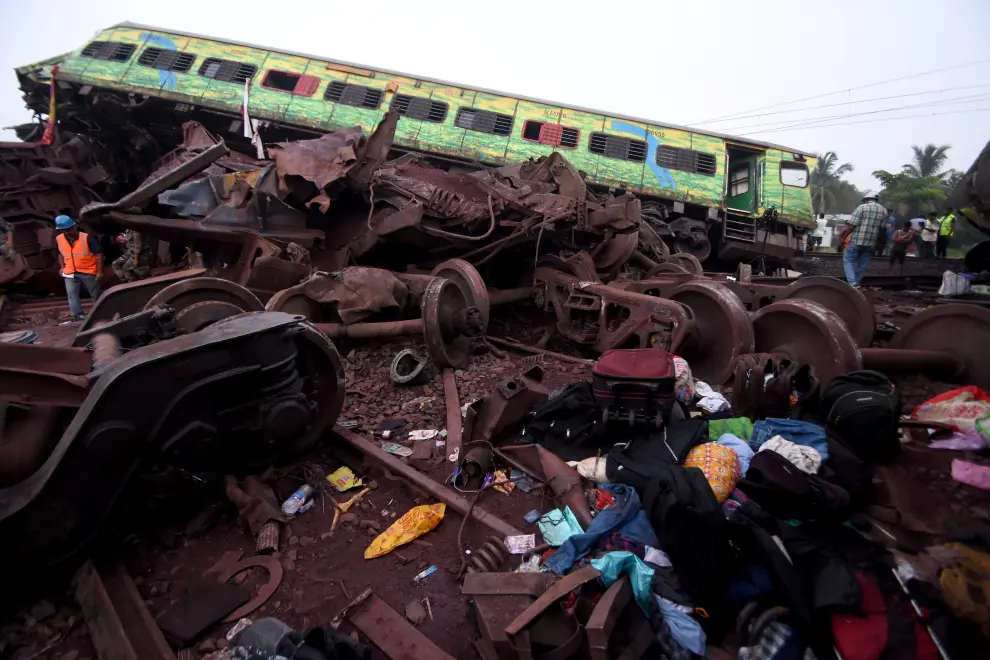 The damaged coaches are seen, after trains collided in Balasore, India June 3, 2023, in this screen grab obtained from a social media video. Nantu Samui/via REUTERS  THIS IMAGE HAS BEEN SUPPLIED BY A THIRD PARTY. MANDATORY CREDIT. NO RESALES. NO ARCHIVES. INDIA-CRASH/RAIL