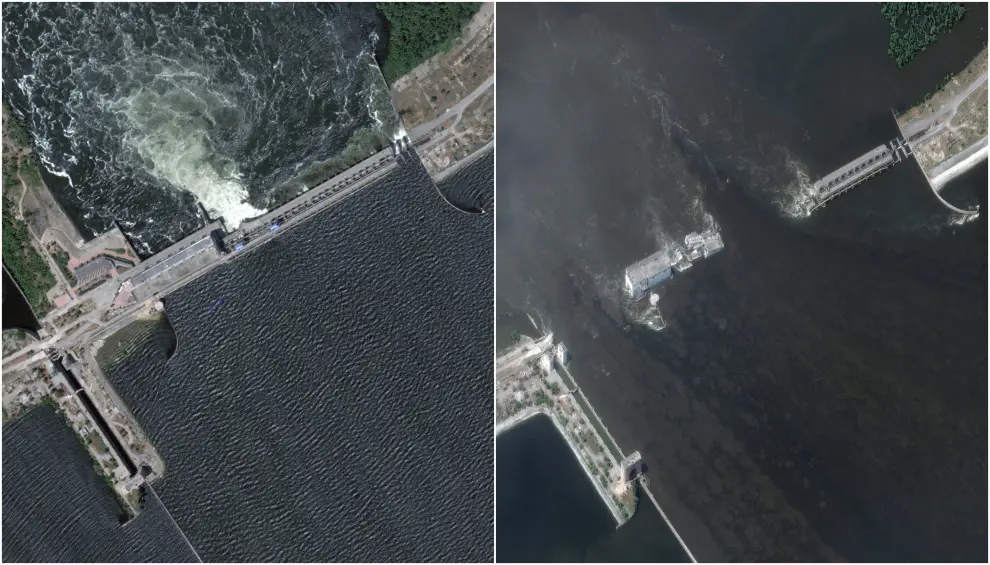 Antes y después de la destrucción de la presa ucraniana del río Dniéper