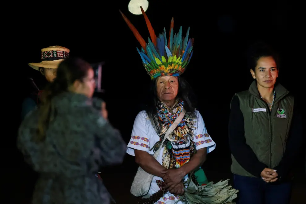 A member of the indigenous Taita community looks on at CATAM military airbase on the day the child survivors of a Cessna 206 plane that crashed in thick jungle were brought in by plane from San Jose del Guaviare, in Bogota, Colombia, June 10, 2023. REUTERS/Luisa Gonzalez COLOMBIA-RESCUE/