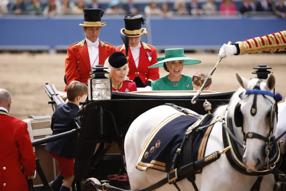 London (United Kingdom), 17/06/2023.- Britain's Queen Camilla (L) and Catherine Princess of Wales (R) at Trooping the Colour on Horse Guards Parade, London, Britain, 17 June 2023. The Trooping of the Colour traditionally marks the official birthday of the British sovereign and features a parade of over 1,400 soldiers, 200 horses and 400 musicians. This is King Charles III first Trooping as sovereign, joining the parade on horseback, marking the first time that the reigning monarch has ridden at this event since 1986. (Reino Unido, Londres) EFE/EPA/DAVID CLIFF
 BRITAIN ROYALS