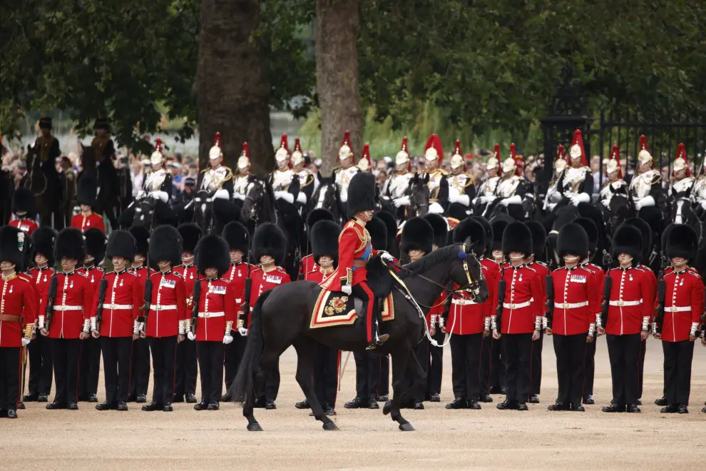 London (United Kingdom), 17/06/2023.- (L-R) Britain's Prince of Wales, Edward the Duke of Edinburgh and Anne, the Princess Royal, at Trooping the Colour on Horse Guards Parade, London, Britain, 17 June 2023. The Trooping of the Colour traditionally marks the official birthday of the British sovereign and features a parade of over 1,400 soldiers, 200 horses and 400 musicians. This is King Charles III first Trooping as sovereign, joining the parade on horseback, marking the first time that the reigning monarch has ridden at this event since 1986. (Reino Unido, Edimburgo, Londres) EFE/EPA/DAVID CLIFF
 BRITAIN ROYALS