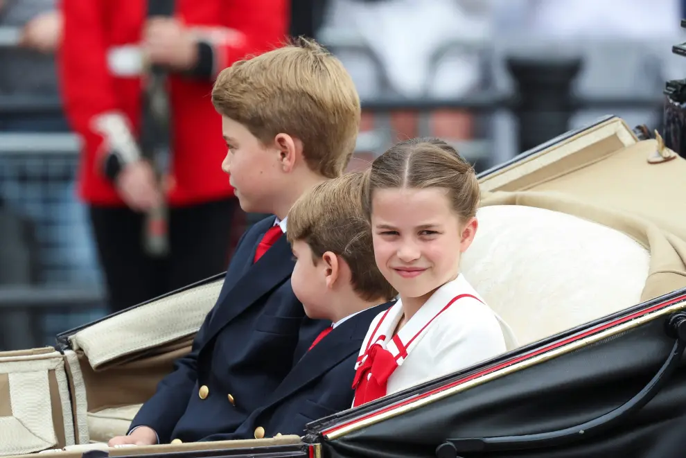 Britain's Queen Camilla, Catherine, Princess of Wales, Princess Charlotte and Prince George attend the Trooping the Colour parade to honour Britain's King Charles on his official birthday in London, Britain, June 17, 2023. REUTERS/Toby Melville BRITAIN-ROYALS/KING-BIRTHDAY