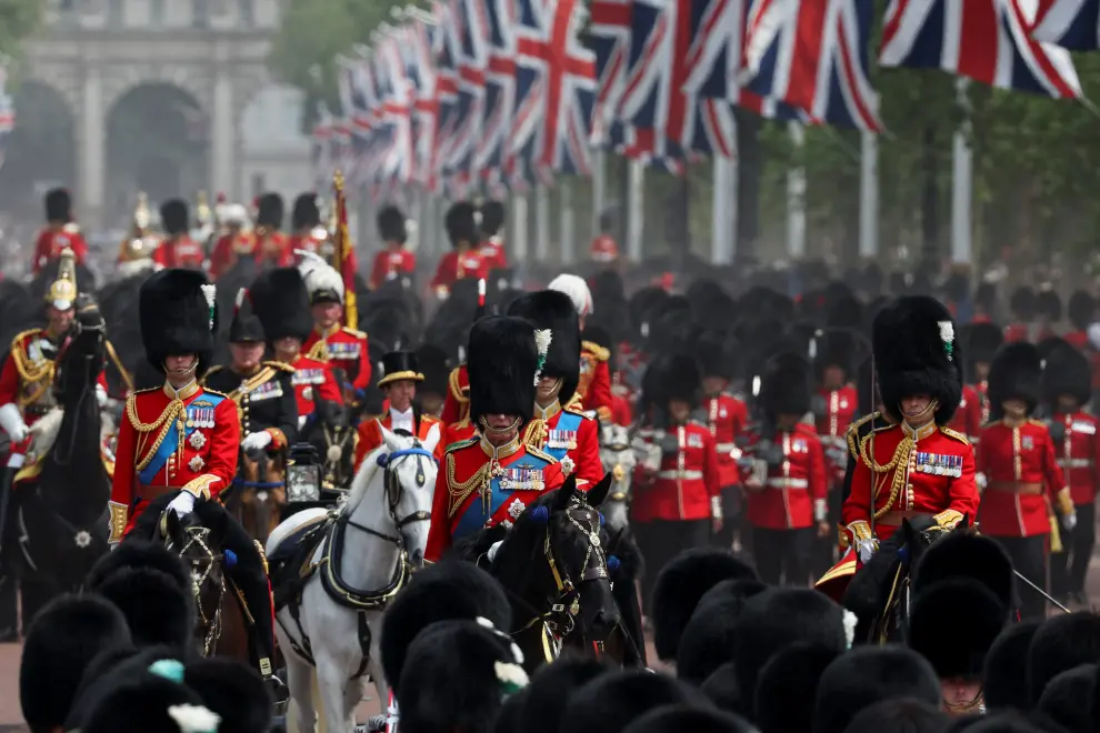 Britain's King Charles, Prince Edward, Duke of Edinburgh and Anne, Princess Royal ride on horseback as part of Trooping the Colour parade which honours King Charles on his official birthday, in London, Britain, June 17, 2023. REUTERS/Toby Melville BRITAIN-ROYALS/KING-BIRTHDAY