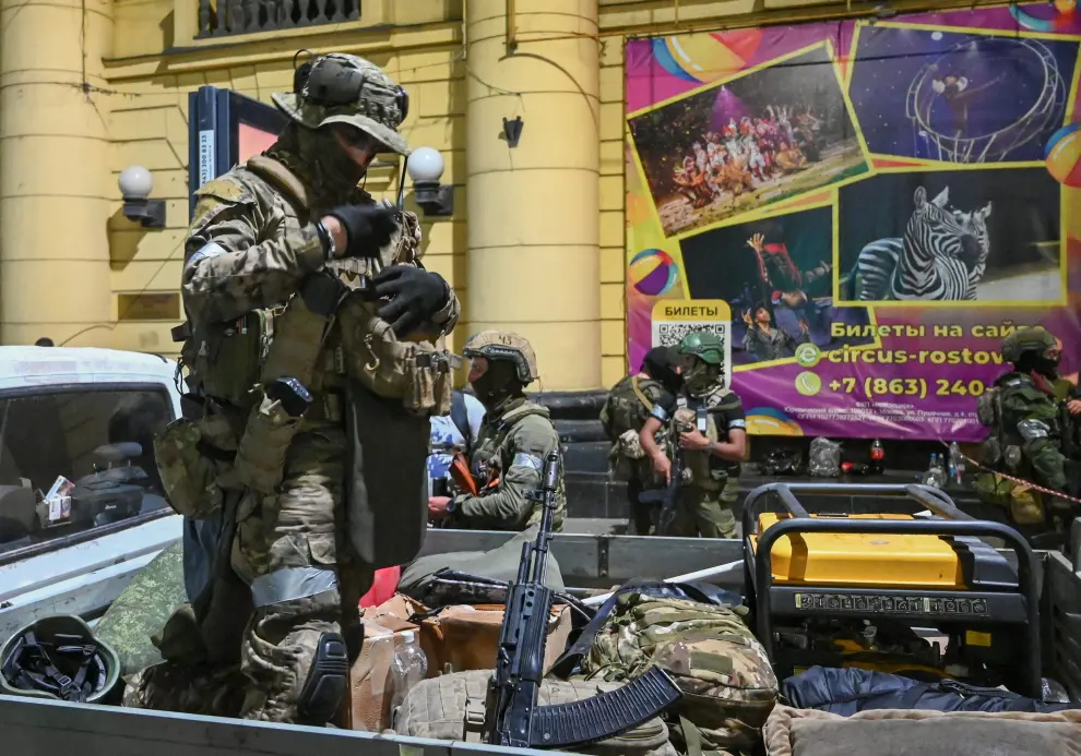 Combatientes del grupo mercenario Wagner, en la ciudad rusa de Rostov