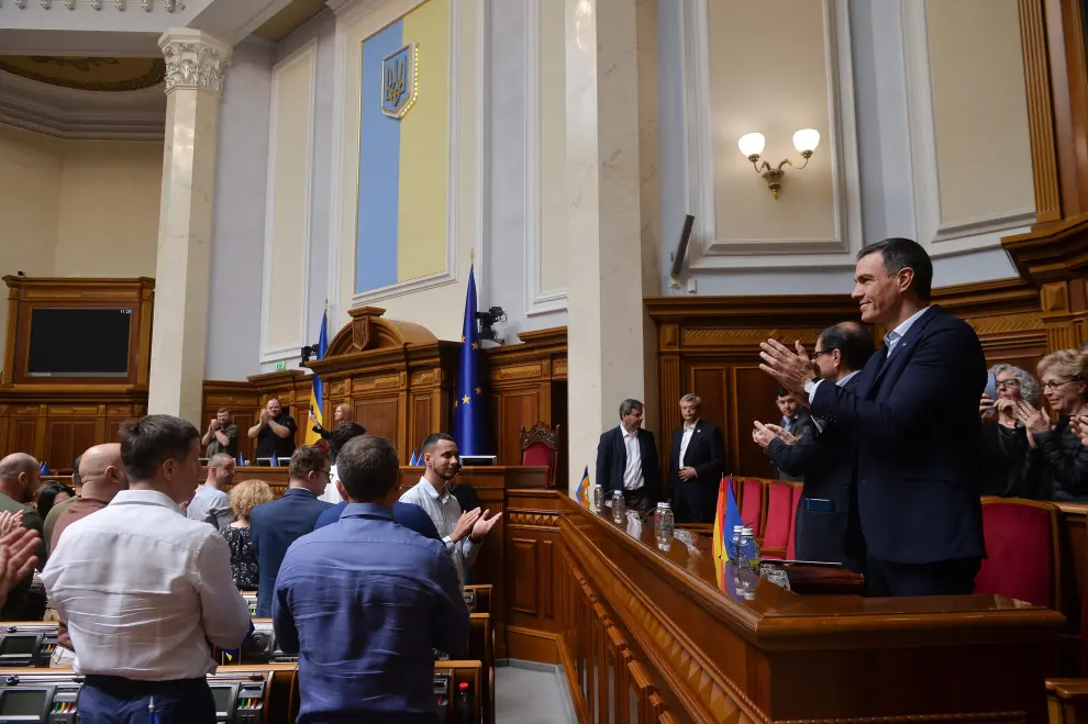 El presidente del Gobierno, Pedro Sánchez, en el Parlamento de Kiev (Ucrania)