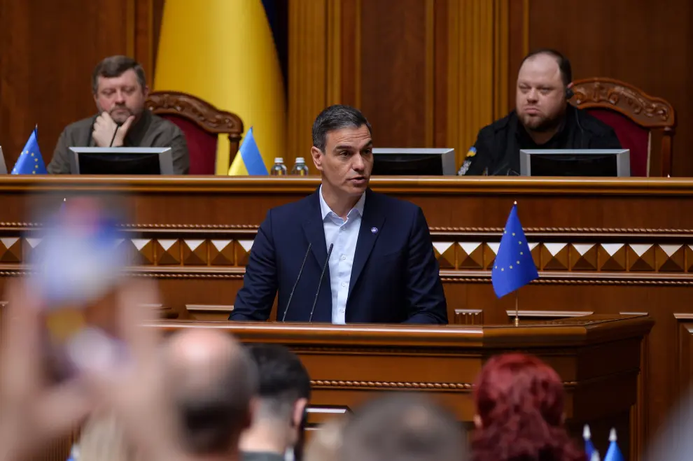 El presidente del Gobierno, Pedro Sánchez, en el Parlamento de Kiev (Ucrania)