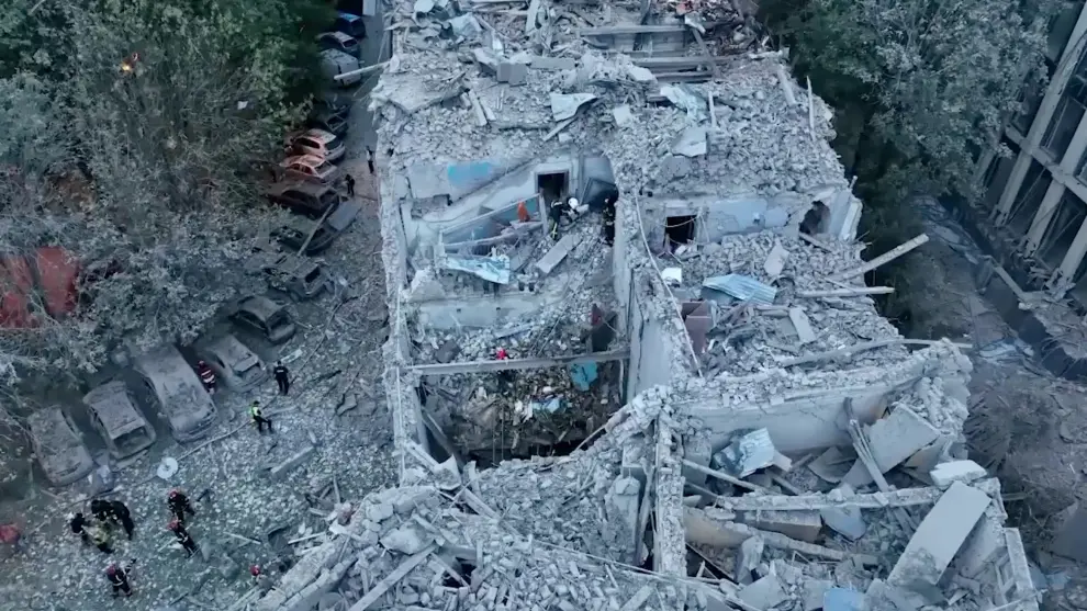 A general view of damaged buildings following a Russian rocket strike that hit an apartment building, amid Russia's attack on Ukraine, in Lviv, Ukraine in this screen grab obtained from a handout video released on July 6, 2023. Presidential Press Service/Handout via REUTERS    THIS IMAGE HAS BEEN SUPPLIED BY A THIRD PARTY UKRAINE-CRISIS/LVIV