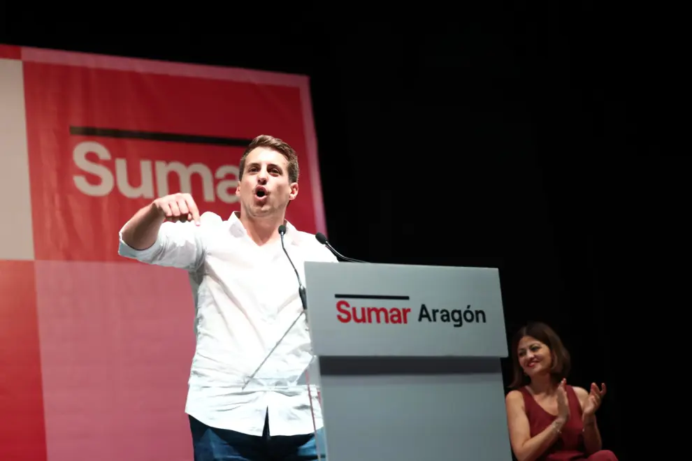 Jorge Pueyo, cabeza de lista por Sumar en Zaragoza, en el mitin de Yolanda Díaz en el Auditorio