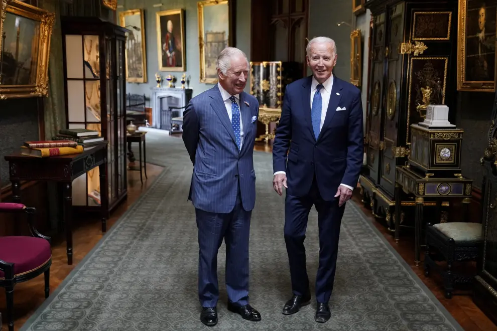 Britain's King Charles and The President of the United States, Joe Biden on stage in the Quadrangle at  Windsor Castle on July 10, 2023 in Windsor, England. Chris Jackson/Pool via REUTERS USA-BIDEN/BRITAIN-KING