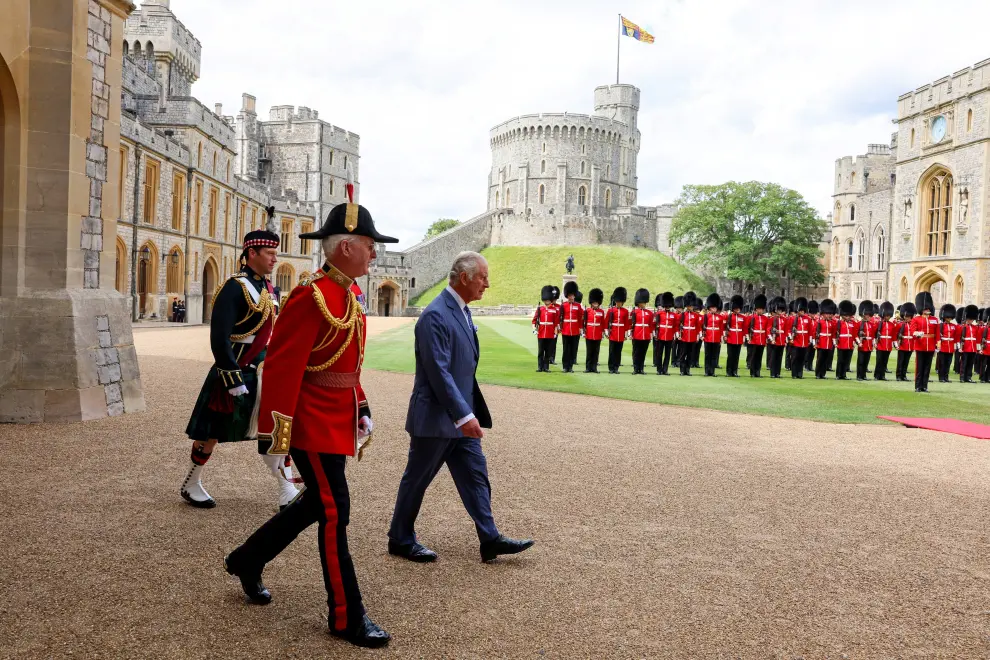 The Guard of Honour formed of The Prince of Wales's Company of the Welsh Guards in formation ahead of a meeting between King Charles III and the President of the United States, Joe Biden at Windsor Castle on July 10, 2023, in Windsor, England. Chris Jackson/Pool via REUTERS USA-BIDEN/BRITAIN-WINDSOR