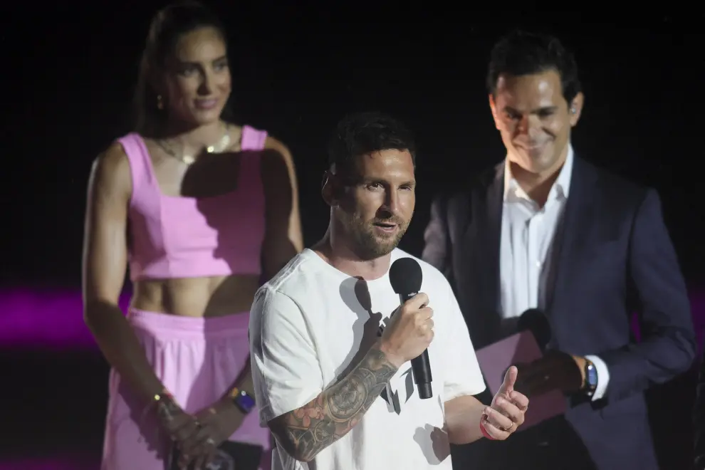 Jul 16, 2023; Ft. Lauderdale, FL, USA; Inter Miami CF forward Lionel Messi reacts at The Unveil event and press conference at DRV PNK Stadium. Mandatory Credit: Sam Navarro-USA TODAY Sports SOCCER-USA/