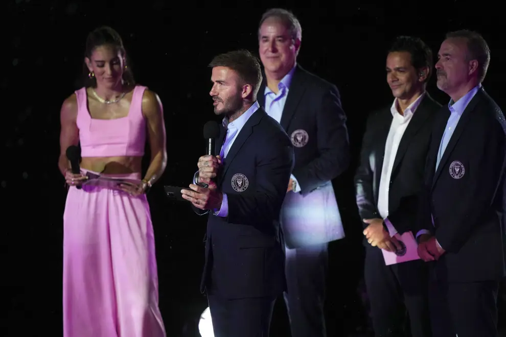 Jul 16, 2023; Ft. Lauderdale, FL, USA; Inter Miami CF co-owner David Beckham speaks before Lionel Messi is introduced at The Unveil event and press conference at DRV PNK Stadium. Mandatory Credit: Jasen Vinlove-USA TODAY Sports SOCCER-USA/