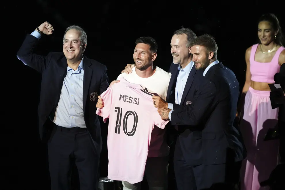 Jul 16, 2023; Ft. Lauderdale, FL, USA; Inter Miami CF co-owner David Beckham speaks before forward Lionel Messi is introduced at The Unveil event and press conference at DRV PNK Stadium. Mandatory Credit: Sam Navarro-USA TODAY Sports SOCCER-USA/
