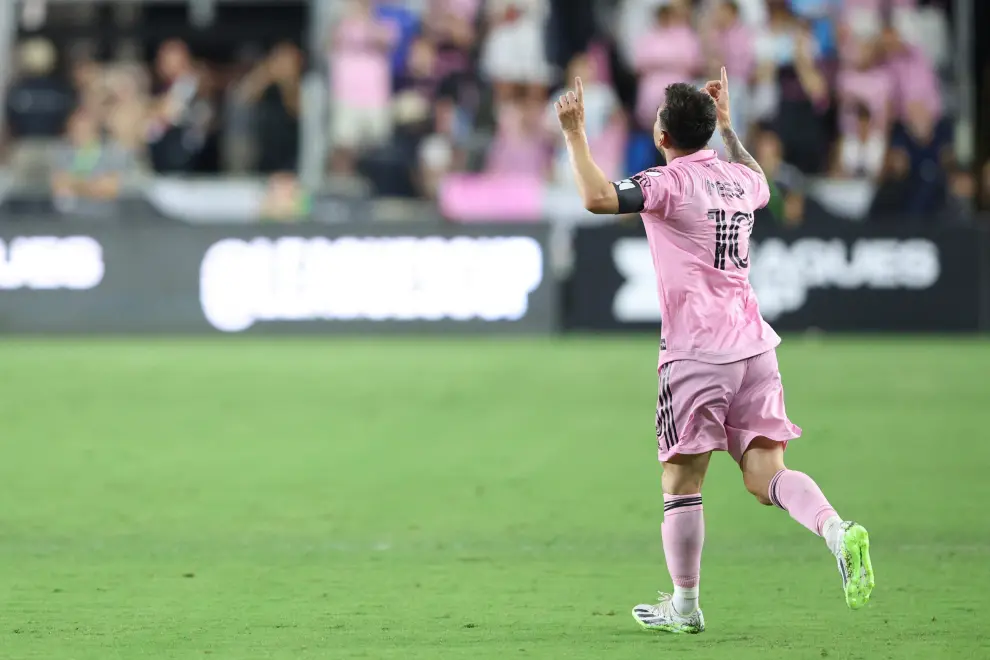 Jul 21, 2023; Fort Lauderdale, FL, USA; Inter Miami CF forward Lionel Messi (10) celebrates after scoring a goal against Cruz Azul during the second half at DRV PNK Stadium. Mandatory Credit: Nathan Ray Seebeck-USA TODAY Sports SOCCER-USA/