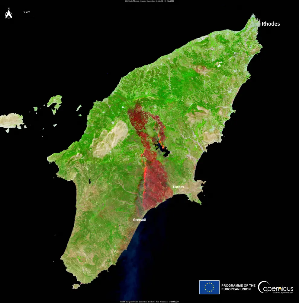 Zona afectada por el incendio en la isla de Rodas, Grecia
