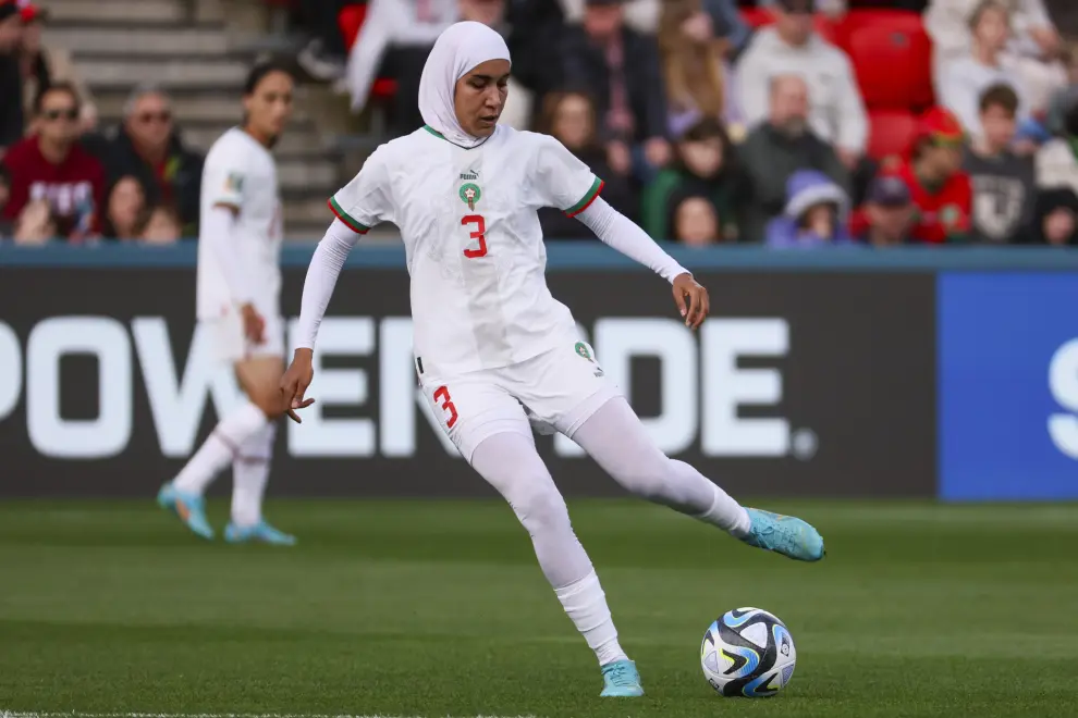Morocco's Nouhaila Benzina kicks the ball during the Women's World Cup Group H soccer match between South Korea and Morocco in Adelaide, Australia, Sunday, July 30, 2023. (AP Photo/James Elsby)