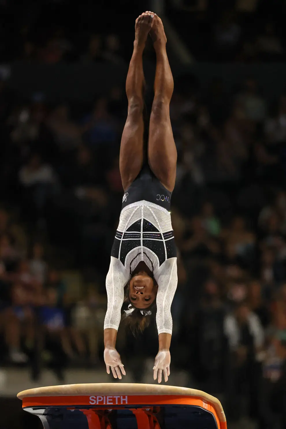 Aug 5, 2023; Hoffman Estates, Illinois, USA; Simone Biles reacts after her vault during the Core Hydration Classic at NOW Arena. Mandatory Credit: Jon Durr-USA TODAY Sports GYMNASTICS/