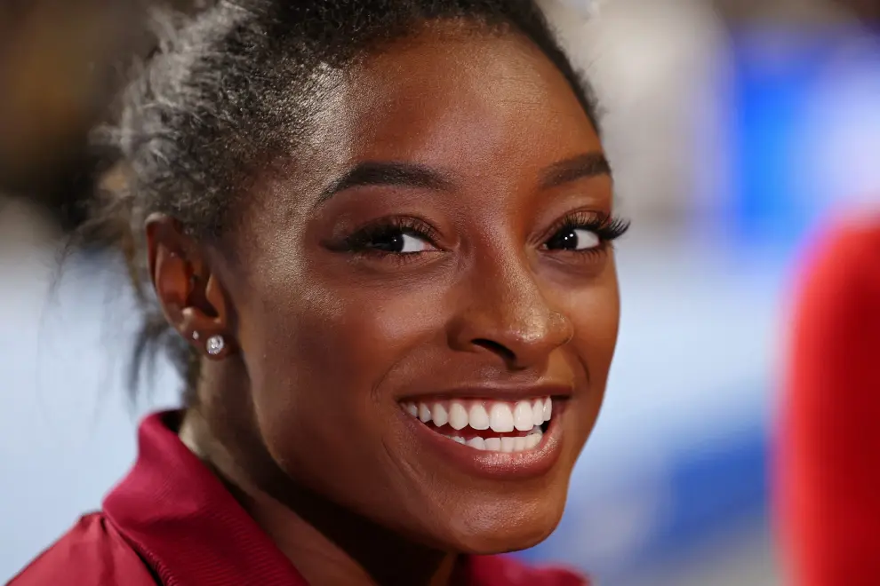 Aug 5, 2023; Hoffman Estates, Illinois, USA; Simone Biles talks to the media after winning the all-around in the Core Hydration Classic at NOW Arena. Mandatory Credit: Jon Durr-USA TODAY Sports GYMNASTICS/