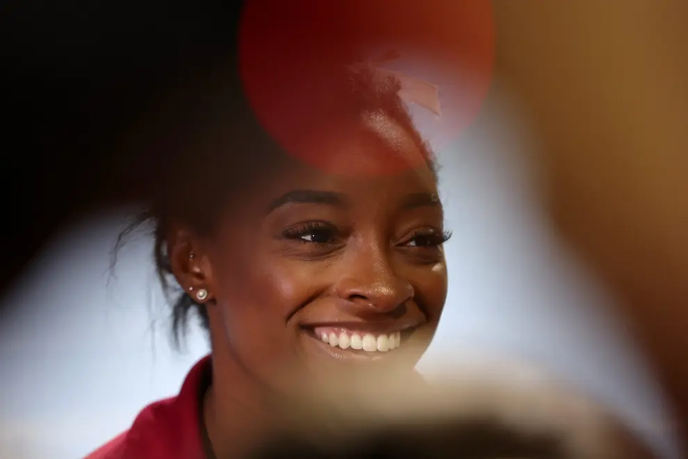 Aug 5, 2023; Hoffman Estates, Illinois, USA; Simone Biles talks to the media after winning the all-around in the Core Hydration Classic at NOW Arena. Mandatory Credit: Jon Durr-USA TODAY Sports GYMNASTICS/