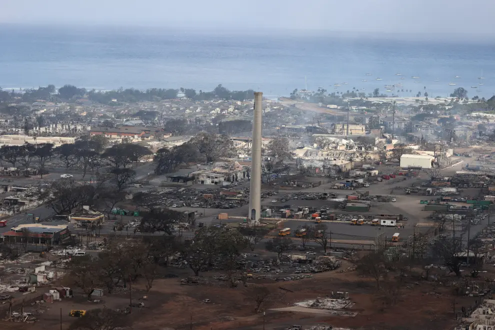 Views from the air of the community of Lahaina after wildfires driven by high winds burned across most of the town several days ago, in Lahaina, Maui, Hawaii, U.S. August 10, 2023. REUTERS/Marco Garcia HAWAII-WILDFIRES/