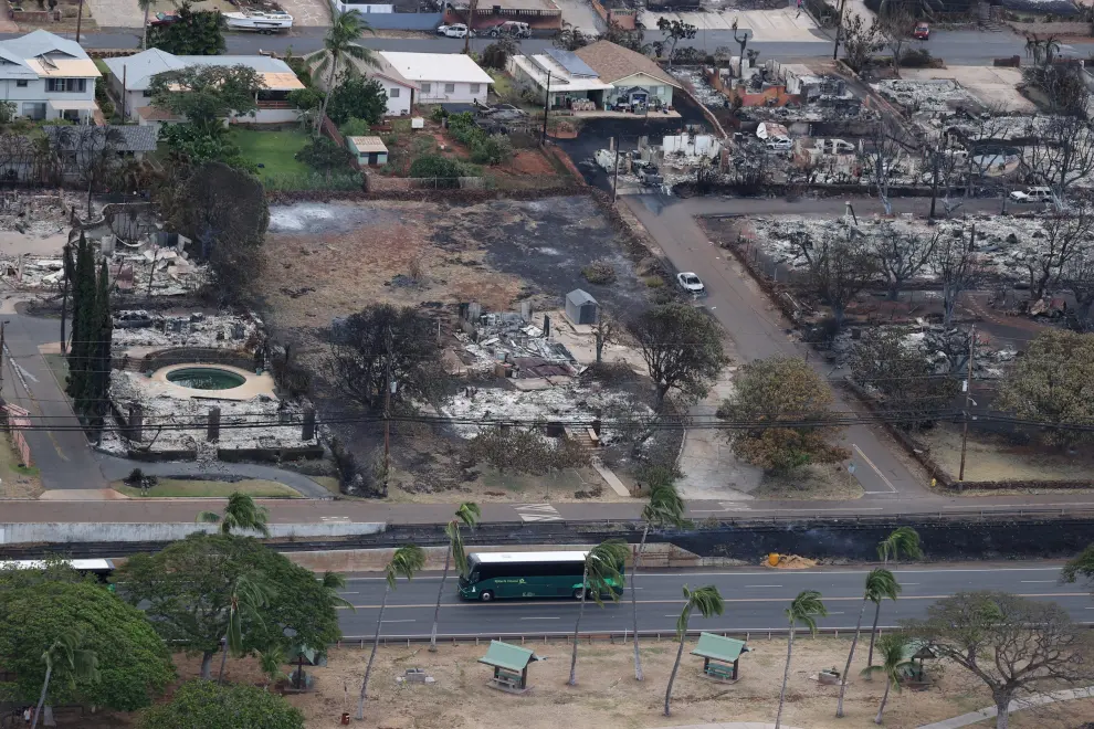 Views from the air of the community of Lahaina after wildfires driven by high winds burned across most of the town several days ago, in Lahaina, Maui, Hawaii, U.S. August 10, 2023. REUTERS/Marco Garcia HAWAII-WILDFIRES/