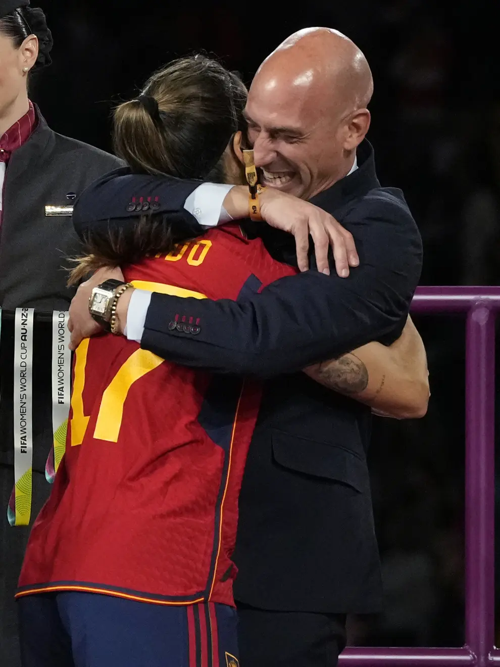President of Spain's soccer federation Luis Rubiales embraces Alba Redondo during the awards ceremony for the Women's World Cup soccer final at Stadium Australia in Sydney, Australia, Sunday, Aug. 20, 2023. Spain defeated England in the final. (AP Photo/Rick Rycroft)