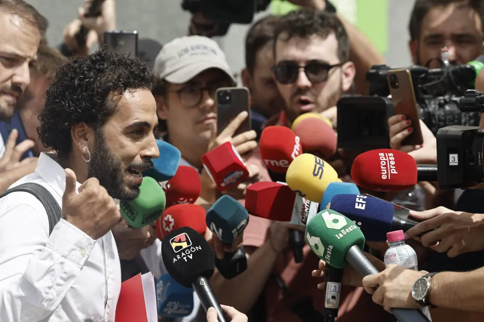 El jugador del Club Deportivo Huétor Tájar,José María Mazuecos Morales, realiza declaraciones a la prensa tras la Asamblea General de la Real Federación Española de Fútbol