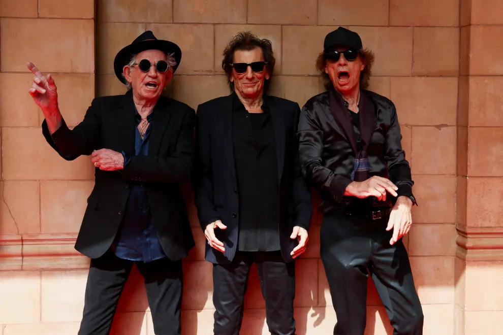 Rolling Stones band members Mick Jagger, Keith Richards and Ronnie Wood attend a launch event for their new album "Hackney Diamonds", at Hackney Empire in London, Britain, September 6, 2023. REUTERS/Toby Melville MUSIC-ROLLING STONES/ALBUM LAUNCH