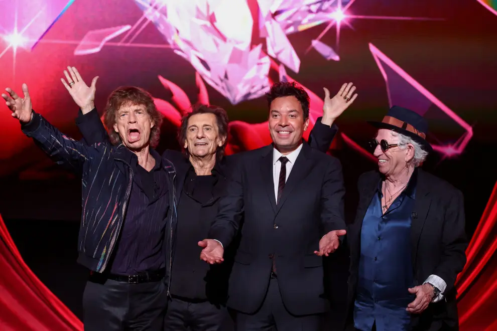 Rolling Stones band members Mick Jagger, Keith Richards and Ronnie Wood attend a launch event for their new album "Hackney Diamonds", at Hackney Empire in London, Britain, September 6, 2023. REUTERS/Toby Melville MUSIC-ROLLING STONES/ALBUM LAUNCH