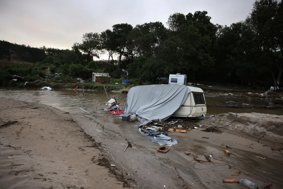 Damaged camping trailers are pictured following severe flooding in Tsarevo, on the Black Sea coast, Bulgaria, September 6, 2023. REUTERS/Stoyan Nenov