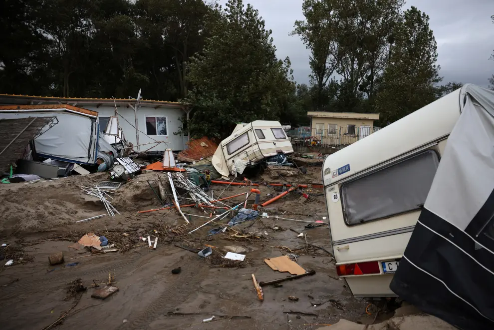 Damaged camping trailers are pictured following severe flooding in Tsarevo, on the Black Sea coast, Bulgaria, September 6, 2023. REUTERS/Stoyan Nenov