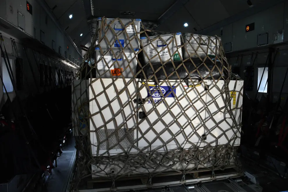 Disaster relief for Libya is pictured in a cargo plane, Wednesday, Sept. 13, 2023 at the Istres military base, southern France. A Libyan local health official said the toll in Libya has reached more than 5,100 dead and is expected to rise further in the eastern city of Derna where floods caused massive devastation over the weekend. French government' s spokesman said a French rescue team of about 50 people aim at being "operational within 48 hours" in Libya. (AP Photo/Daniel Cole)
