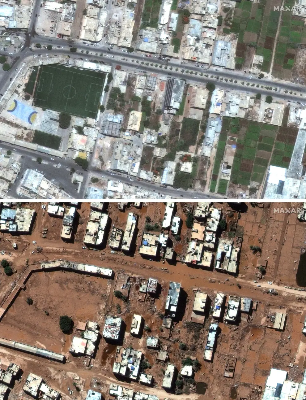 This combination of satellite images from Maxar Technologies shows a neighborhood of Derna, Libya, on July 1, 2023, top, and the same flood damaged area on Wednesday, Sept. 13, 2023. The destruction came to Derna and other parts of eastern Libya on Sunday night, Sept. 10, 2023. As the storm pounded the coast, Derna residents said they heard loud explosions and realized that dams outside the city had collapsed. Flash floods were unleashed down Wadi Derna, a river running from the mountains through the city and into the sea. (Satellite image ©2023 Maxar Technologies via AP)