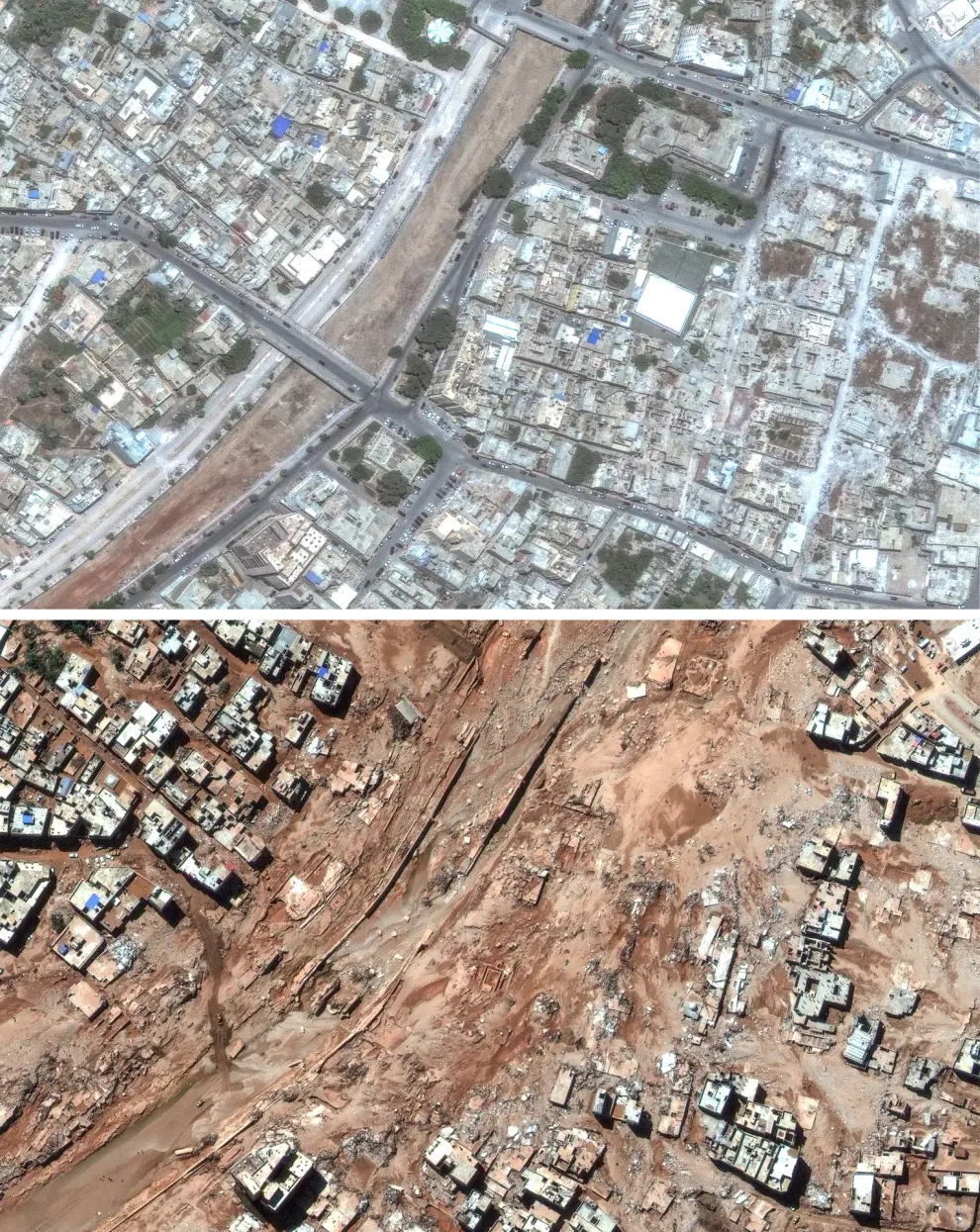 This combination of satellite images from Maxar Technologies shows a neighborhood of Derna, Libya, on July 1, 2023, top, and the same flood damaged area on Wednesday, Sept. 13, 2023. The destruction came to Derna and other parts of eastern Libya on Sunday night, Sept. 10, 2023. As the storm pounded the coast, Derna residents said they heard loud explosions and realized that dams outside the city had collapsed. Flash floods were unleashed down Wadi Derna, a river running from the mountains through the city and into the sea. (Satellite image ©2023 Maxar Technologies via AP)